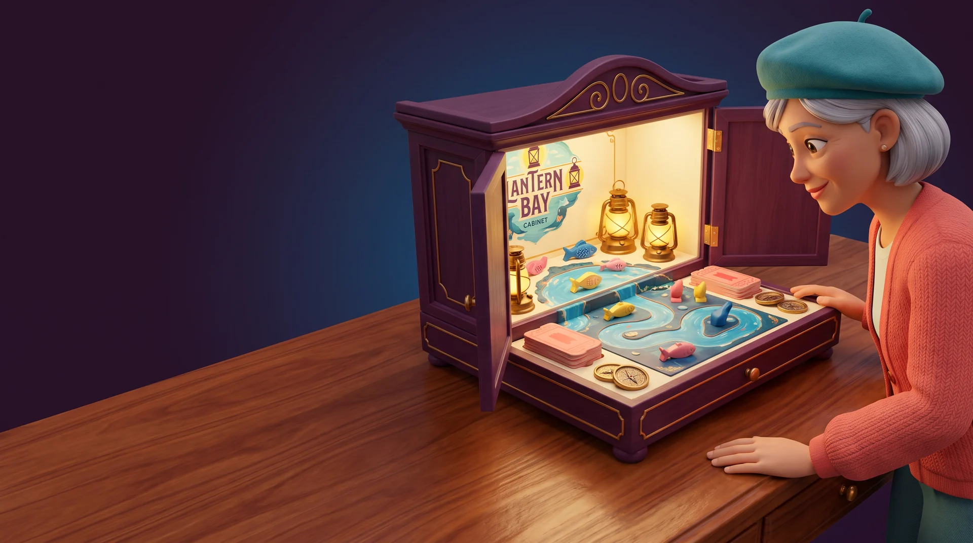 Fictional Lantern Bay boardgame cabinet